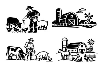 Obraz premium Farmers Feeding Farm vector Animals and Various Farm Buildings Showcase Rural Daily Life on a Traditional Countryside Homestead During the Day