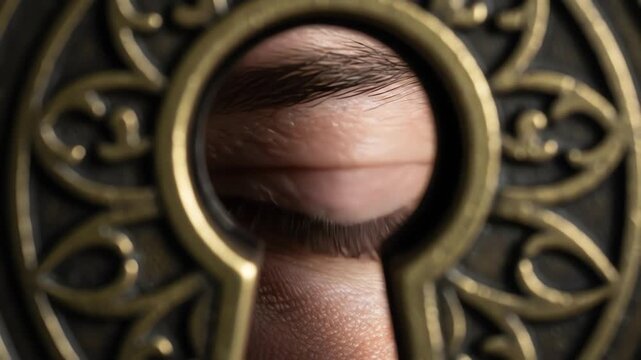 A close-up view of a human eye peering through an ornate, antique keyhole.