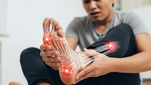 A man is holding his foot, which is highlighted with red spots indicating pain and inflammation in the bones and joints.