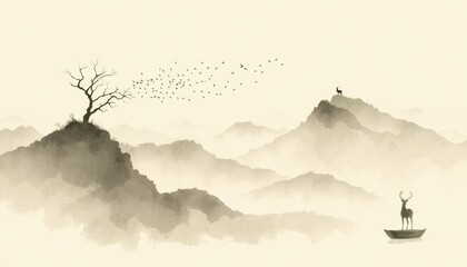 Obraz premium Misty mountain landscape with migrating birds, a lone deer on a peak, and another deer in a boat, perfect for tranquil presentations and serene contemplation