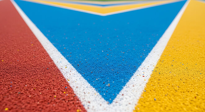 Close-up view of a vibrant, multi-colored sports track surface with geometric lines and granular texture, showing red, blue, yellow, and white sections.
