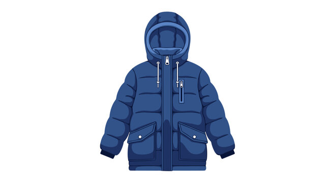 A thick and warm navy blue winter puffer parka featuring a cozy hood and large front pockets stands centered on a clean and minimalist white background.