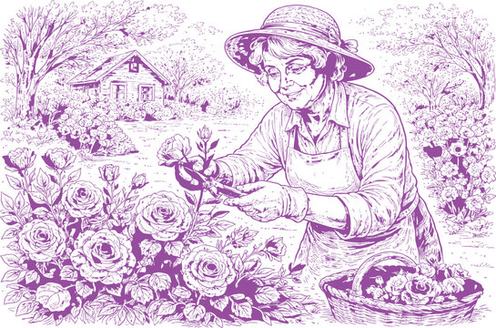 Grandma Pruning Roses Cottage Garden Line Art