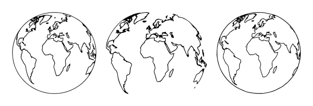 Black line art, white background: world globe set with simple line art design featuring simple design, minimalist, black and white with illustrations and graphics