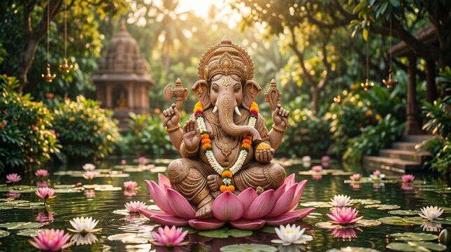 Image is a serene and artistic depiction of a statue of Lord Ganesha, a prominent Hindu deity, set in a tranquil outdoor environment. The statue is intricately detailed, showcasing Ganesha with an ele