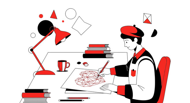 Artist drawing geometric heart with red lamp and books, creative workspace