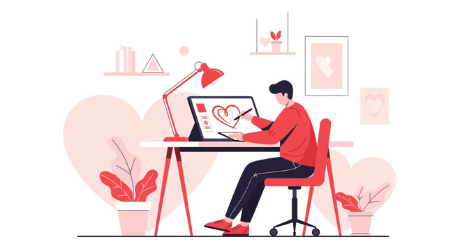Artist drawing heart on tablet, creative workspace, digital art, illustration, love concept