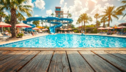 Fototapeta premium Sunny resort pool and slide perfect for vacation marketing, summer promotions, or family fun event invitations.