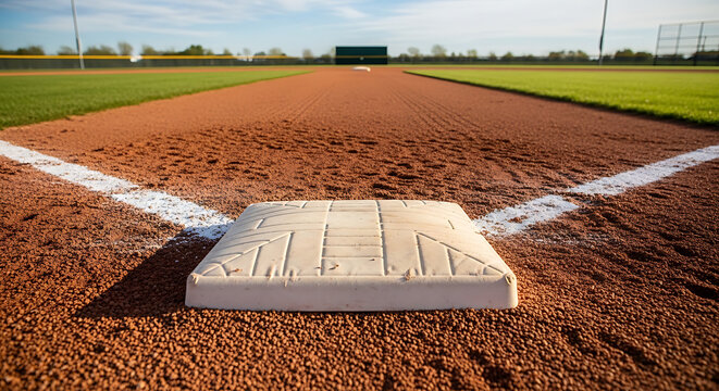 A close-up view of a white base on a baseball field with red dirt, green grass, and a clear blue sky on a sunny day.