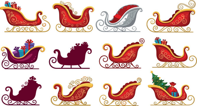 Santa sleigh collection with gifts and decorative Christmas sled silhouettes festive holiday vector illustration set