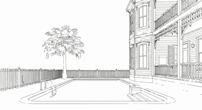 Ornate historical house with a pool and palm tree under a clear sky