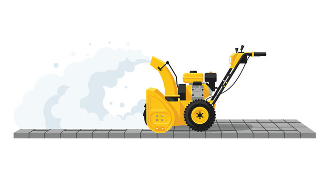 A powerful yellow walk-behind snow blower efficiently clears a path on a gray tiled sidewalk while throwing a large and thick cloud of white snow.
