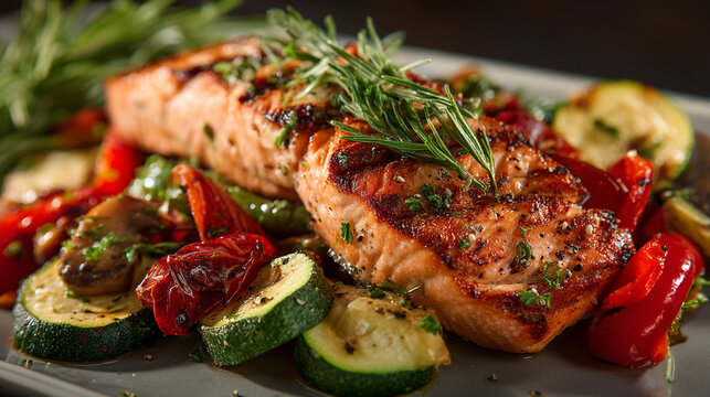 Seared salmon fillet with grilled zucchini peppers tomatoes garnished with herbs, main course