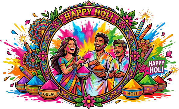 Vibrant Happy Holi Typography with Color Splash Explosion