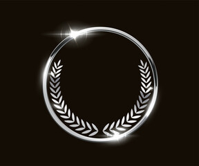 Silver award medal. Steel award winner emblem. Shiny round frame with wreath laurel and light sparkles on dark background for winners ceremony, branding, rewards. Luxury elegant vector illustration © backup16