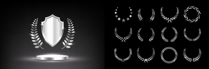 Naklejka premium Silver award podium with laurel wreath, shield and set of different chrome laurel wreaths. Luxury templates for product presentation, winner ceremony. Elegant glamour vector illustration.
