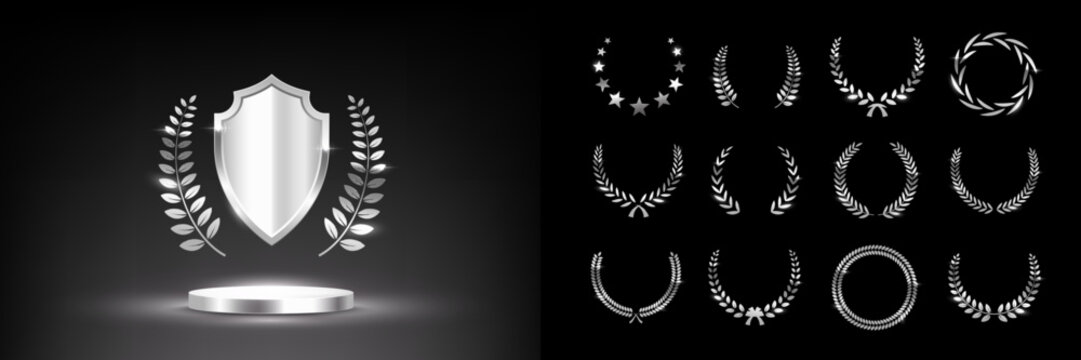 Silver award podium with laurel wreath, shield and set of different chrome laurel wreaths. Luxury templates for product presentation, winner ceremony. Elegant glamour vector illustration.