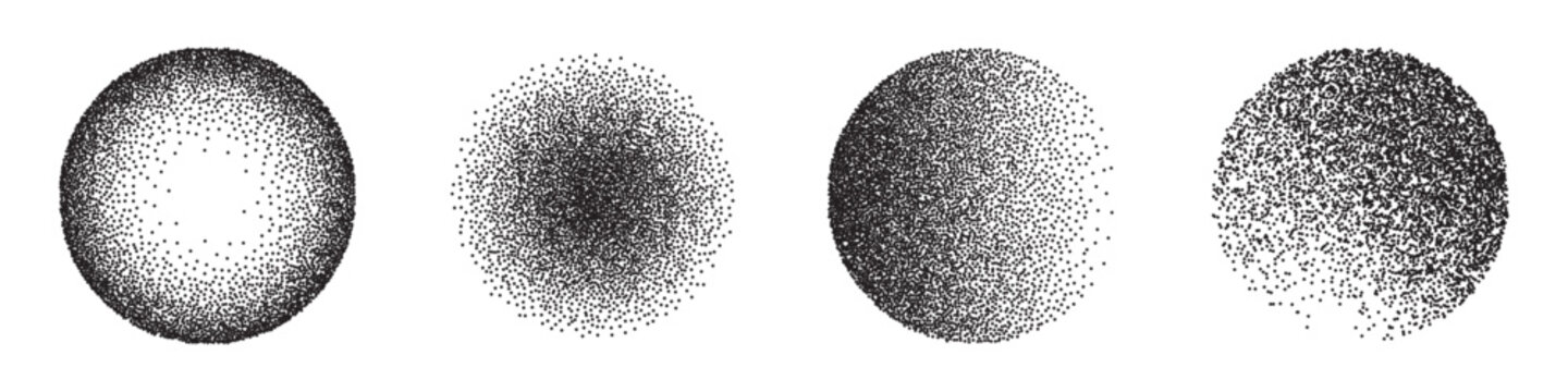 Stipple dot circle patterns. Grain noise backgrounds. Stipple patterns with dense black points on white background, and gradients from edges to center. Minimal abstract vector illustrations set.
