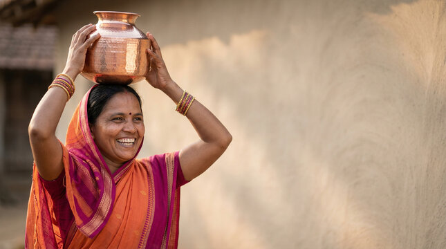Smiling Indian woman carrying water pot on head in rural village