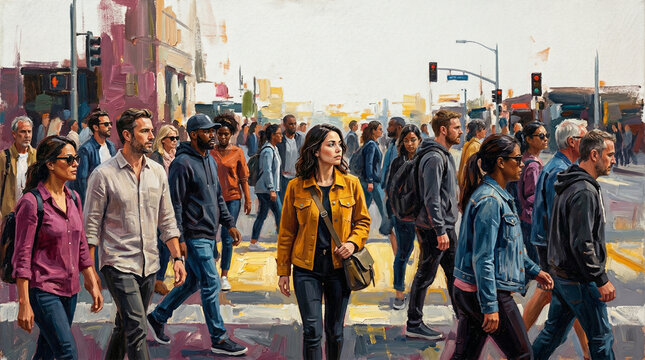 Diverse crowd of people walking on busy city street crosswalk