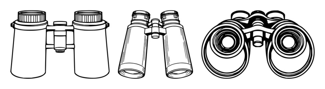 Binoculars set with black line art on white background featuring optical, grid lines, lens with viewfinder and eyepiece and glasses