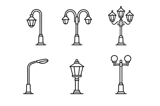 Street lamp and city lighting outline icon set in minimal line vector style