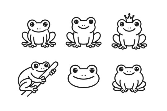 Cute frog character icon set in simple outline cartoon vector style