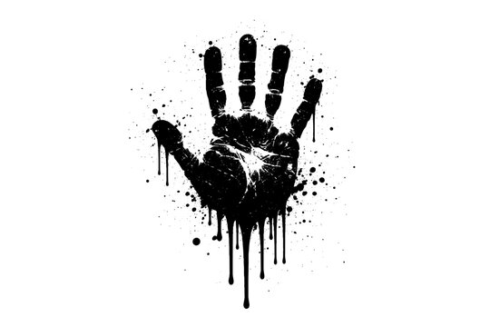 Gritty black handprint vector illustration featuring dripping paint and splatter effects on a white background. Artistic hand print silhouette with ink drips, spray texture, and grunge design.
