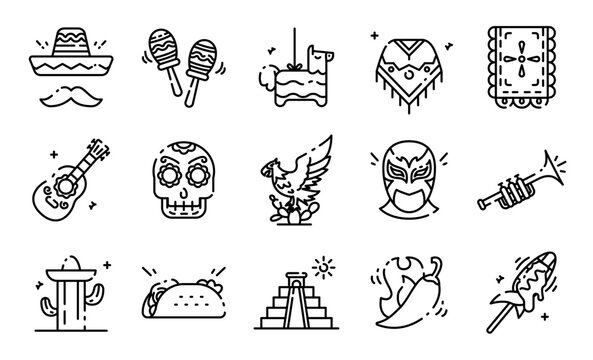 Mexican Culture Icon Set for Cinco de Mayo Celebration Hand Drawn Vector Illustration