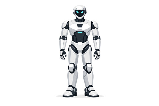 Futuristic Humanoid Robot Front View Vector Illustration Isolated on White Background. Symbol of Artificial Intelligence, Digital Future, Robotics, Machine Learning, and Advanced Tech Character.