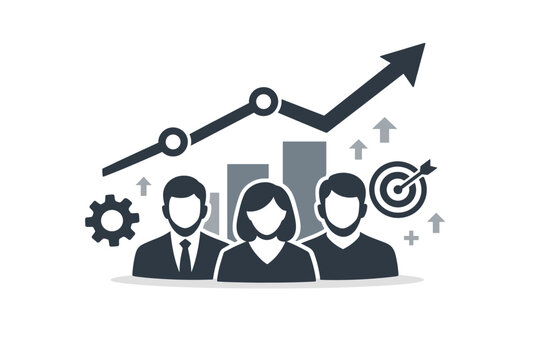 Business Team Performance and Growth Concept Illustration with Rising Arrow Line Chart, Bar Graph, Target, and Gear Icons Representing Success, Productivity, Strategy, and Corporate Achievement