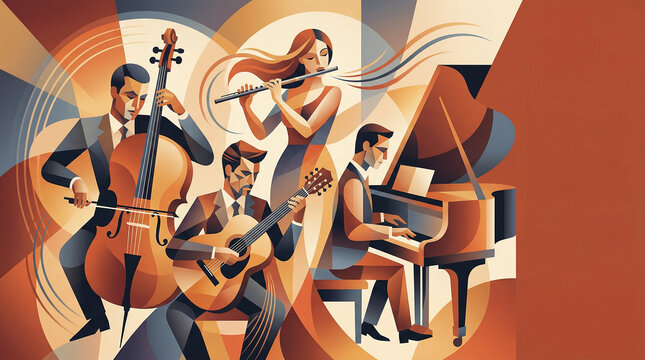 Musical quartet playing instruments in geometric abstract vector style