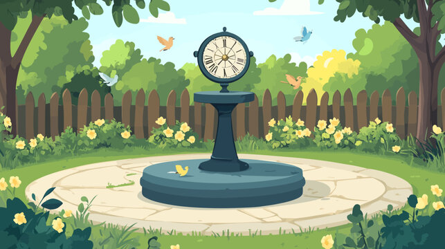 A serene garden scene features a clock, birds, flowers, and a fence, all rendered in pixel art