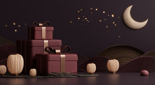 Red paper-craft background featuring a product stand and cloud patterns