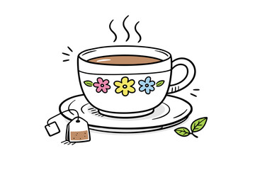 Hand Drawn Tea Cup Doodle Illustration with Steaming Hot Tea, Floral Pattern, Tea Bag, and Mint Leaves  Simple Flat Vector Art for Morning Routine, Relaxation, and Cozy Herbal Beverage Concepts. © Nouman