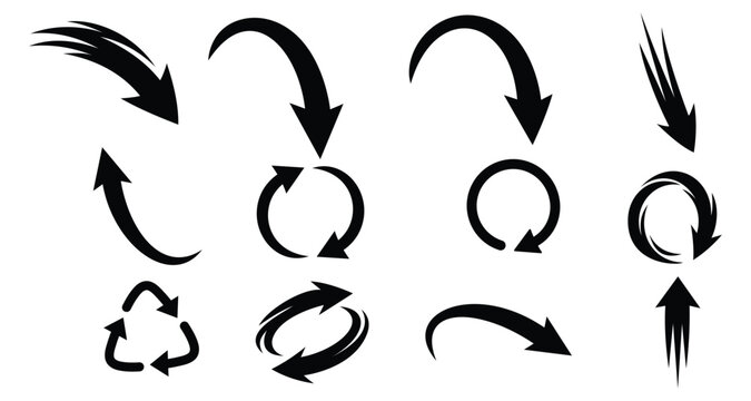 Black Curved Arrow Icon Set &ndash; Circular, Loop, Refresh and Direction Arrows Vector Collection