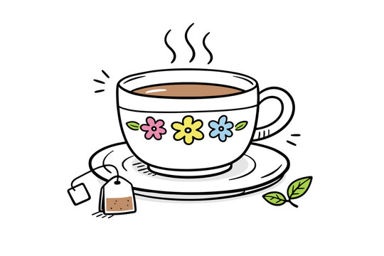 Hand Drawn Tea Cup Doodle Illustration with Steaming Hot Tea, Floral Pattern, Tea Bag, and Mint Leaves; Simple Flat Vector Art for Morning Routine, Relaxation, and Cozy Herbal Beverage Concepts.