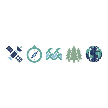 Adventure and nature icon set with compass, globe, satellite, trees, and waves