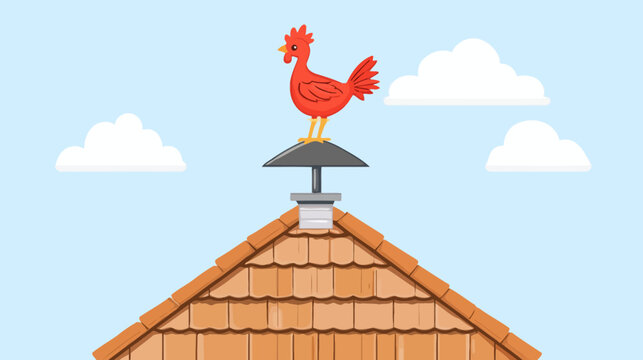 A cartoon illustration of a rooster weather vane atop a tiled roof with clouds in the sky