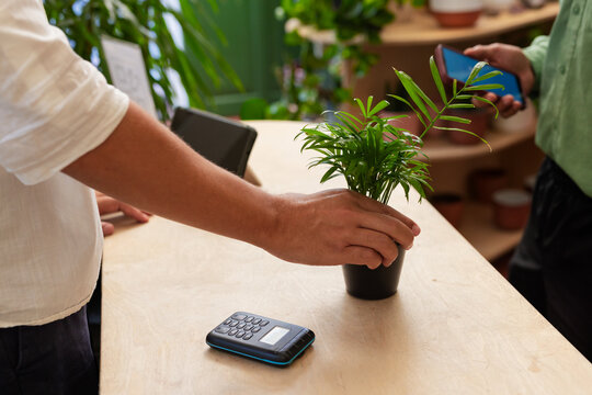 African American nonbinary customer and clerk using card reader at plant shop counter, placing palm