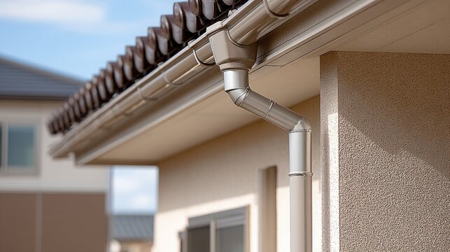 View of a gutter and downspout system featuring gray roof tiles and clean design under a bright sky at a modern house