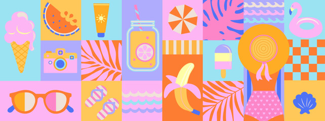 Horizontal summer geometric banner with hot season symbols-sunglasses, ice cream, waves,tropical leaves, watermelon,camera. Template for web, design, label, advertise and print. Vector illustration. © tandav