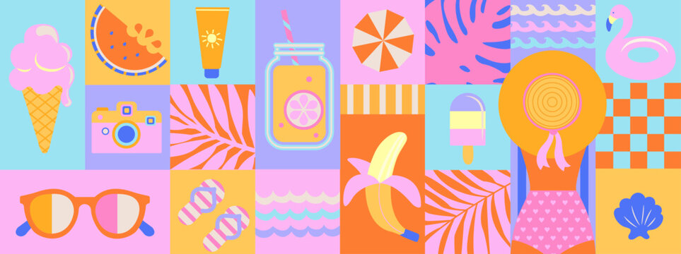 Horizontal summer geometric banner with hot season symbols-sunglasses, ice cream, waves,tropical leaves, watermelon,camera. Template for web, design, label, advertise and print. Vector illustration.
