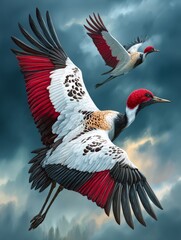 Obraz premium Cranes flying together in daylight against a soft background, their clear feathers displayed on a wall art poster