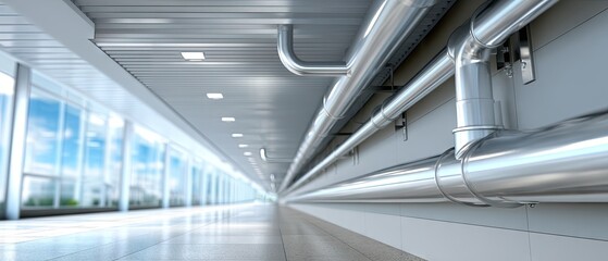 Obraz premium Gray and white gutter system displays unique design elements with downspouts and a bright background in a commercial space