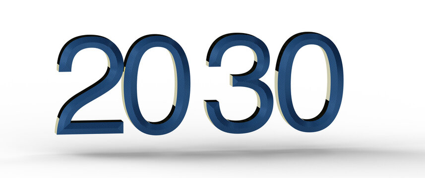 Bold blue 2030 on a white background, representing the future, goals, and plans for the year. Ideal for presentations an