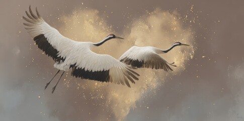 Obraz premium In a calm natural setting, two cranes extend their wings gracefully against a soft background