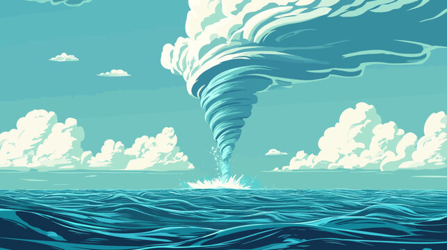 A pixelated artwork depicts a swirling tornado over a turbulent ocean. Clouds fill the blue sky