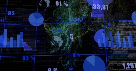 Displaying central green point cloud occupying center in dashboard, with pie charts and bar graphs © vectorfusionart