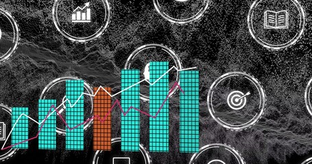 Displaying clustered bar chart on dashboard with teal bars, orange bar, white-magenta lines, icons © vectorfusionart